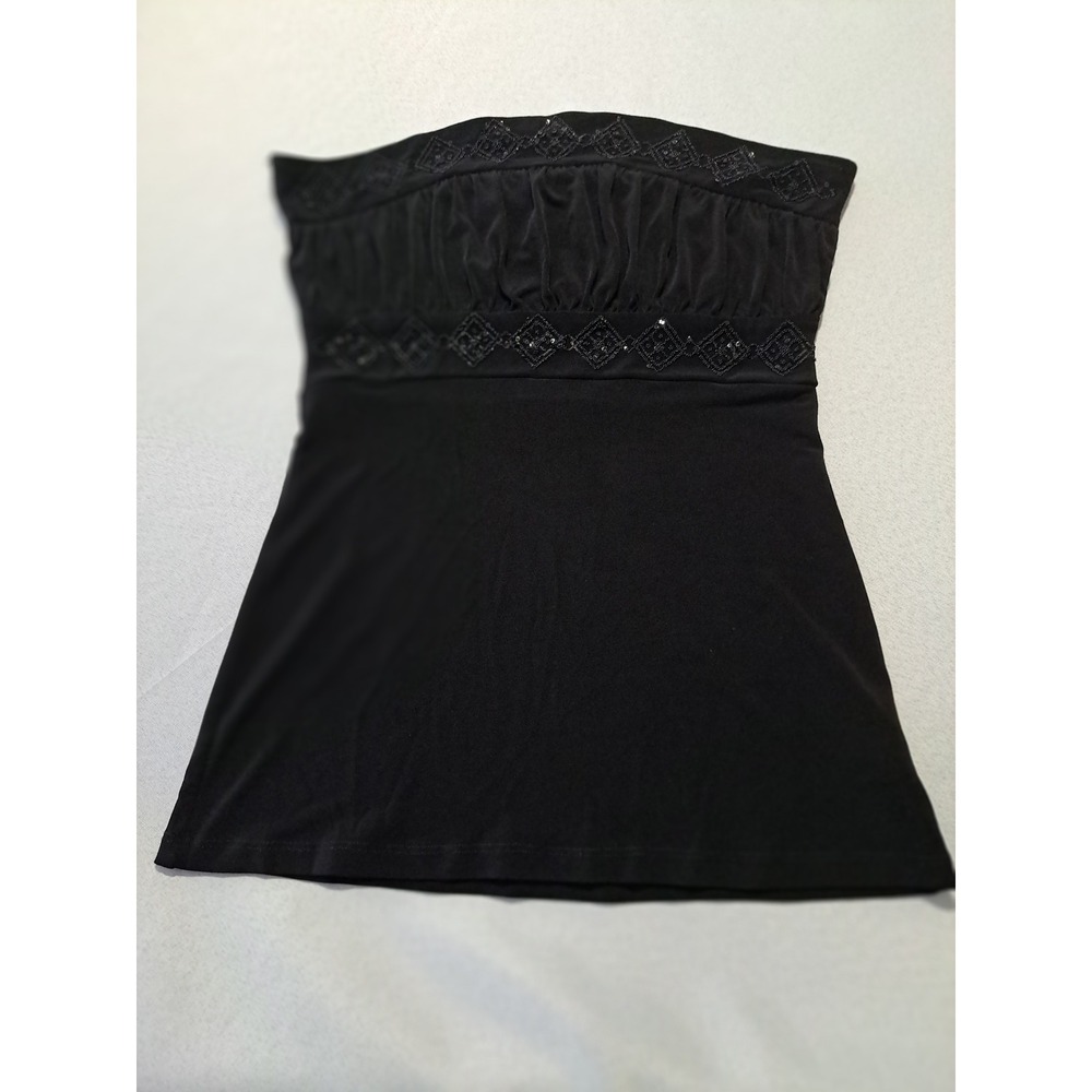 Rampage Black Beaded Strapless Tube Top Empire Waist Y2K Ruched Sequin Tank